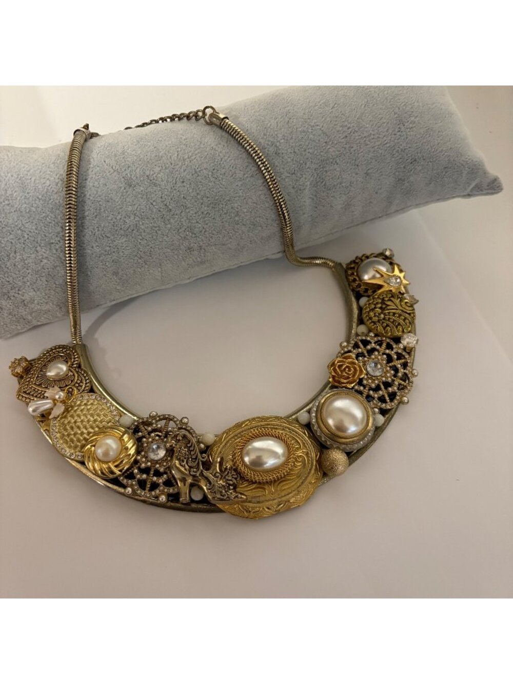 Upcycled Gold-Tone Statement Collar Necklace Faux Pearls Rhinestones